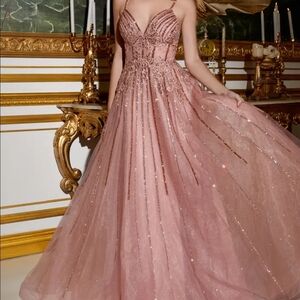 Rose Gold A-Line Beaded Gown with Layered Tulle Skirt
